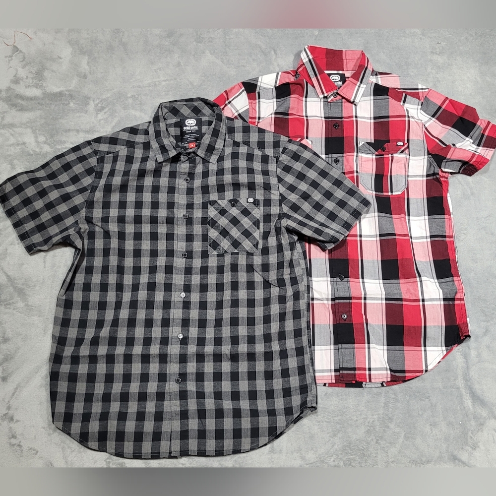 Lot of 2 Ecko Unltd Button Up Short Sleeve Plaid Shirts Red Black Size Medium